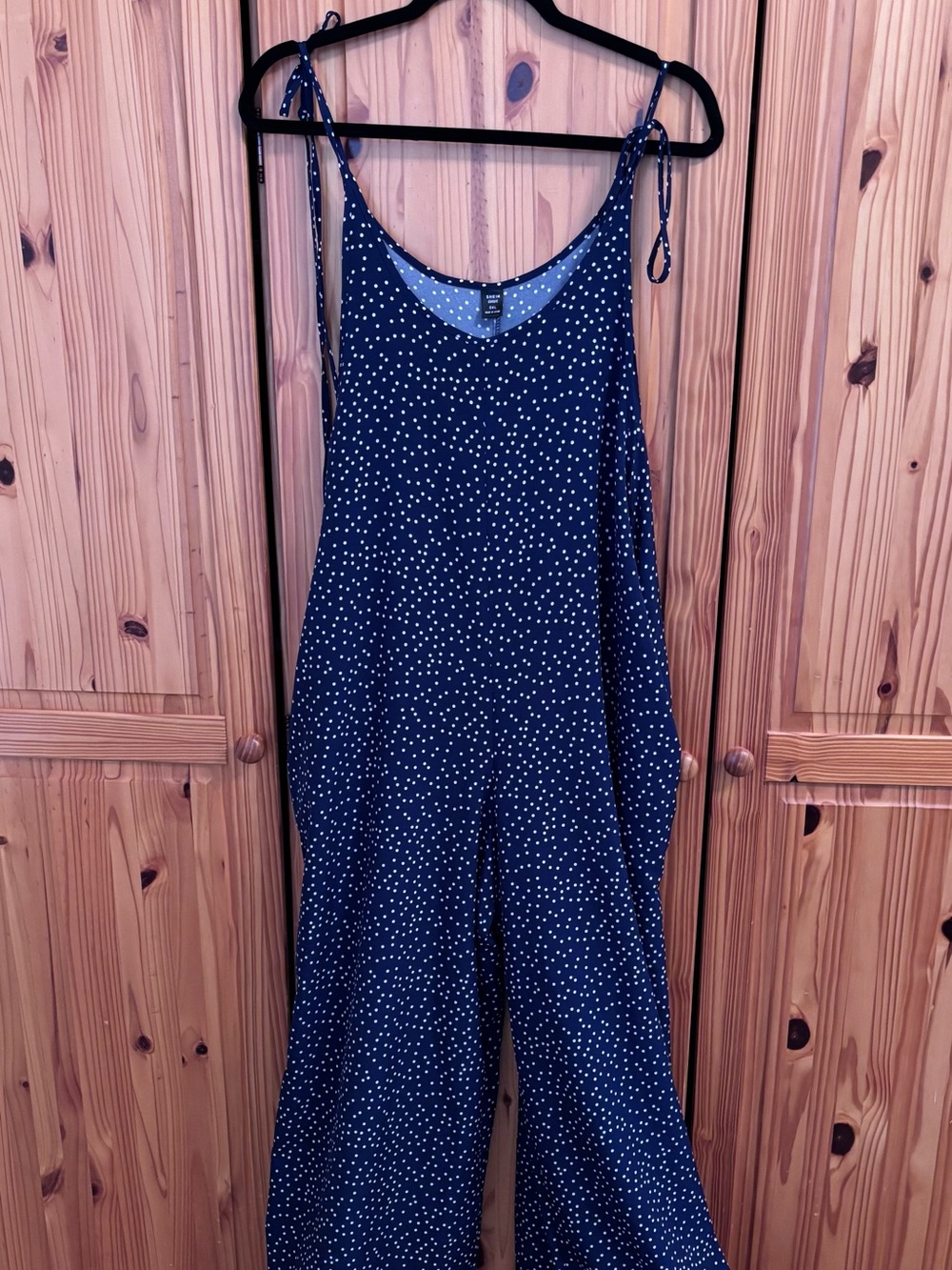 SHEIN Navy Blue Polka Dot Wide-Leg Jumpsuit with Tie Straps